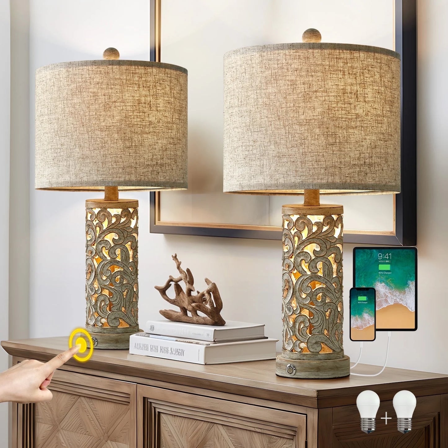 3 Way Dimmable Touch 22" Farmhouse Table Lamps for Living Room Bedroom Set of 2 Retro Bedside Nightstands Lamps with USB Ports(Bulbs Included)