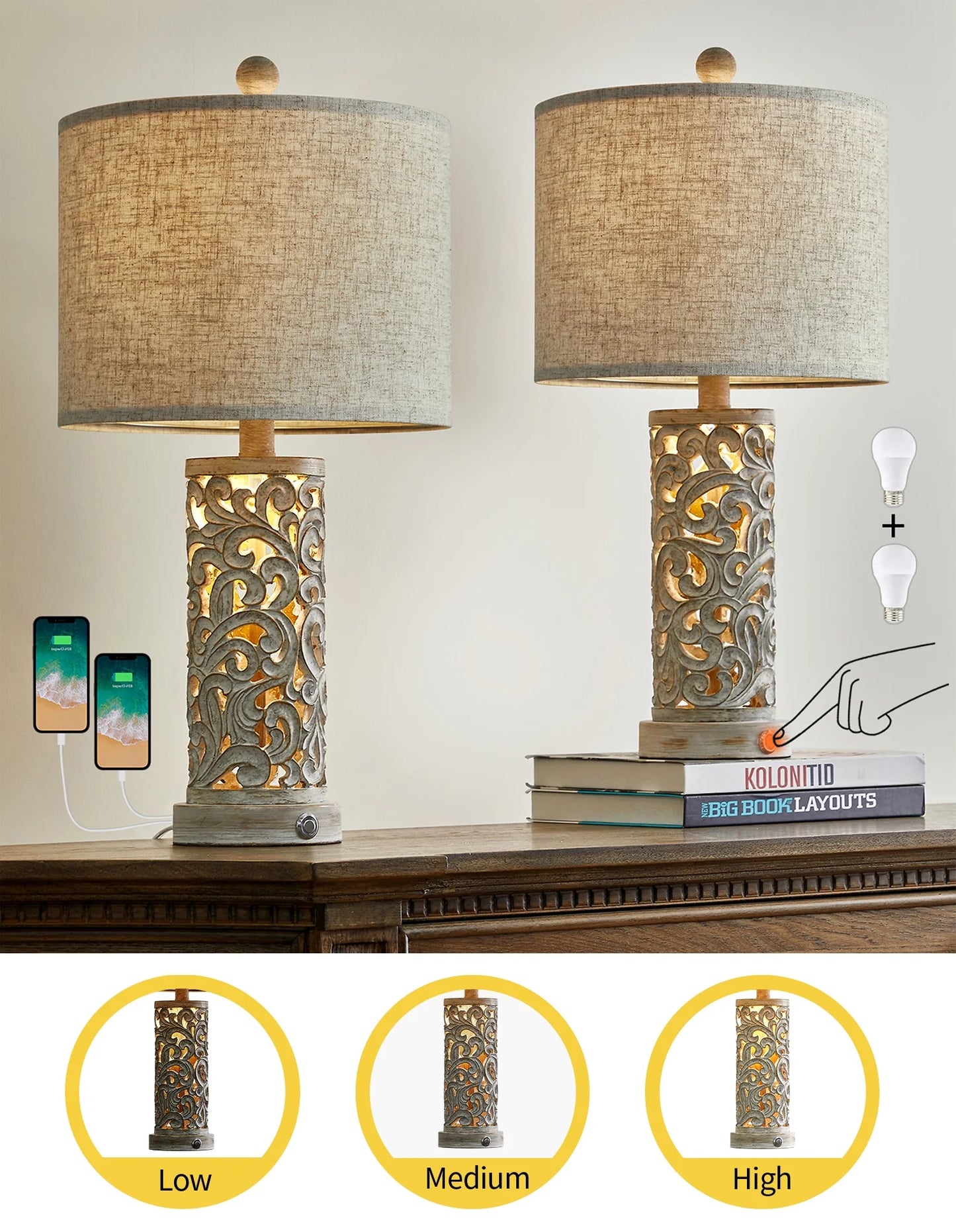 3 Way Dimmable Touch 22" Farmhouse Table Lamps for Living Room Bedroom Set of 2 Retro Bedside Nightstands Lamps with USB Ports(Bulbs Included)