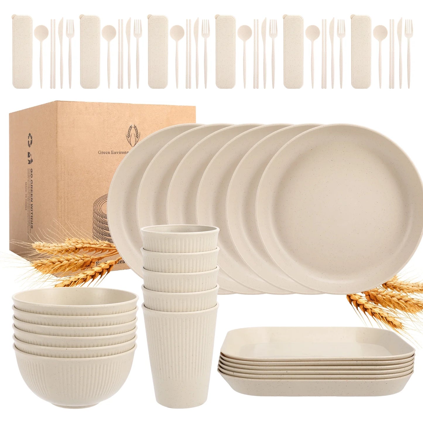 Wheat Straw Dinnerware Set for 6, Beige, 54 Piece
