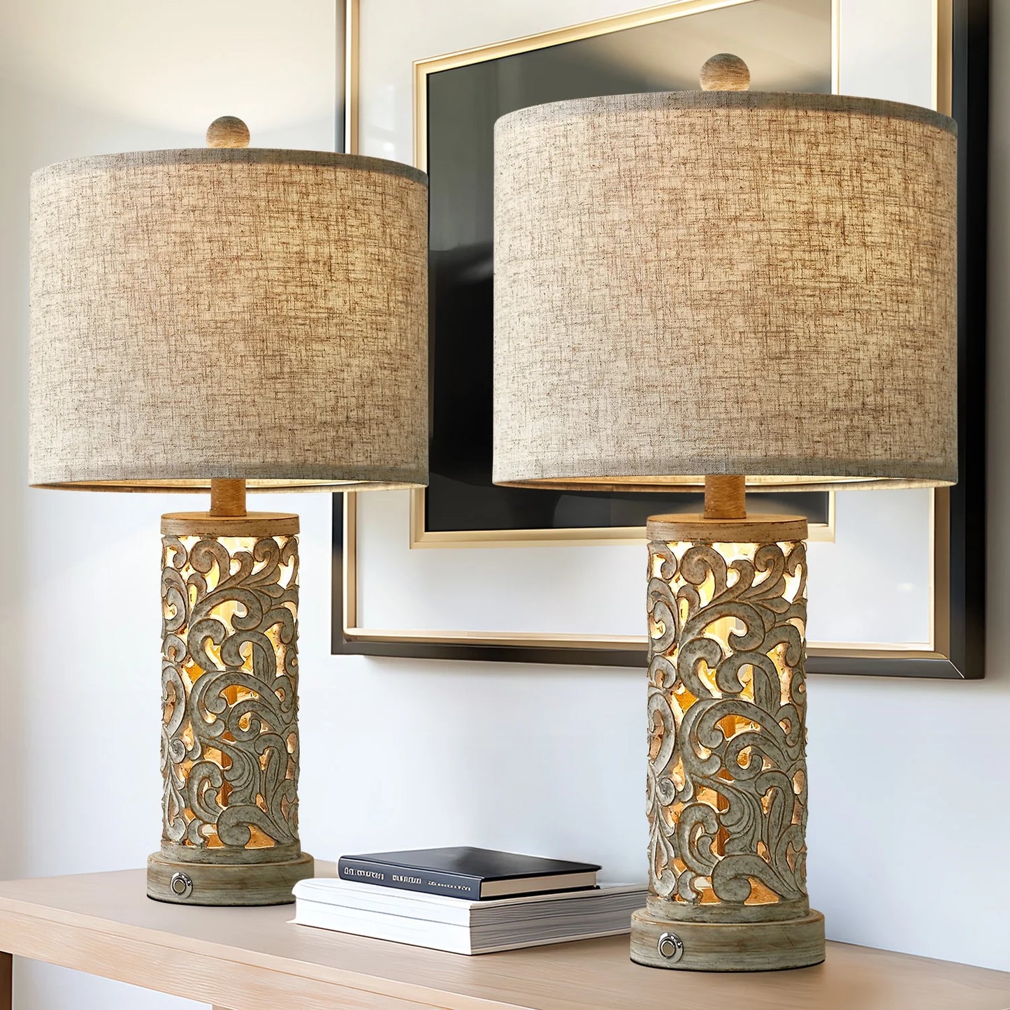 3 Way Dimmable Touch 22" Farmhouse Table Lamps for Living Room Bedroom Set of 2 Retro Bedside Nightstands Lamps with USB Ports(Bulbs Included)