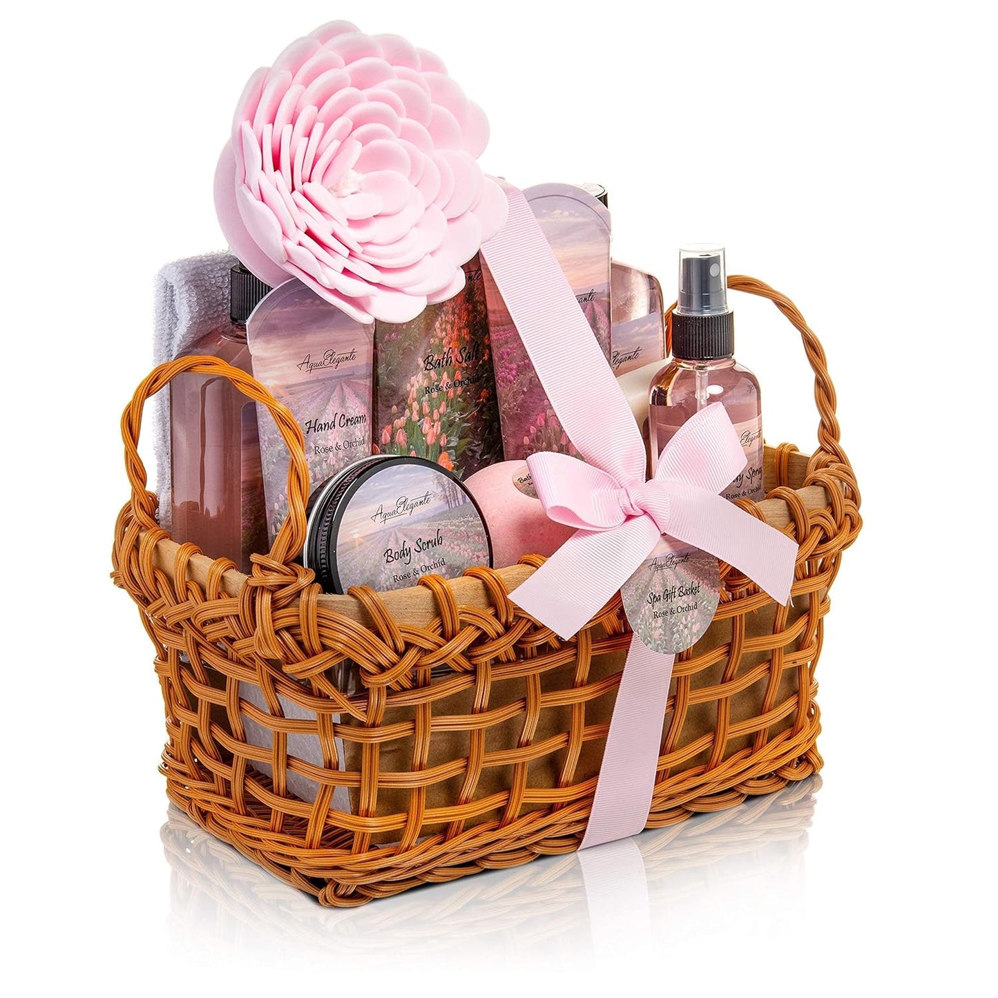 Spa Baskets for Women - Luxury Bath Set with Rose Oil & Orchid - Spa Kit Includes Wash, Bubble Bath, Lotion, Bath Salts, Body Scrub, Body Spray, Shower Puff, Bathbombs, Soap and Towel