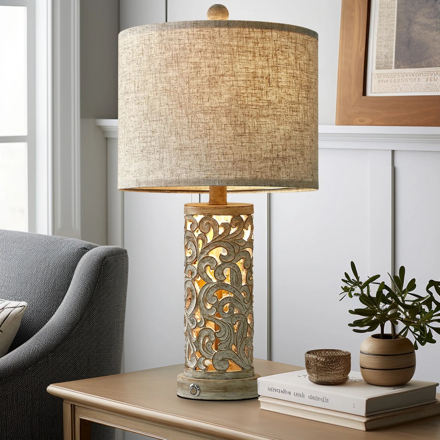 3 Way Dimmable Touch 22" Farmhouse Table Lamps for Living Room Bedroom Set of 2 Retro Bedside Nightstands Lamps with USB Ports(Bulbs Included)