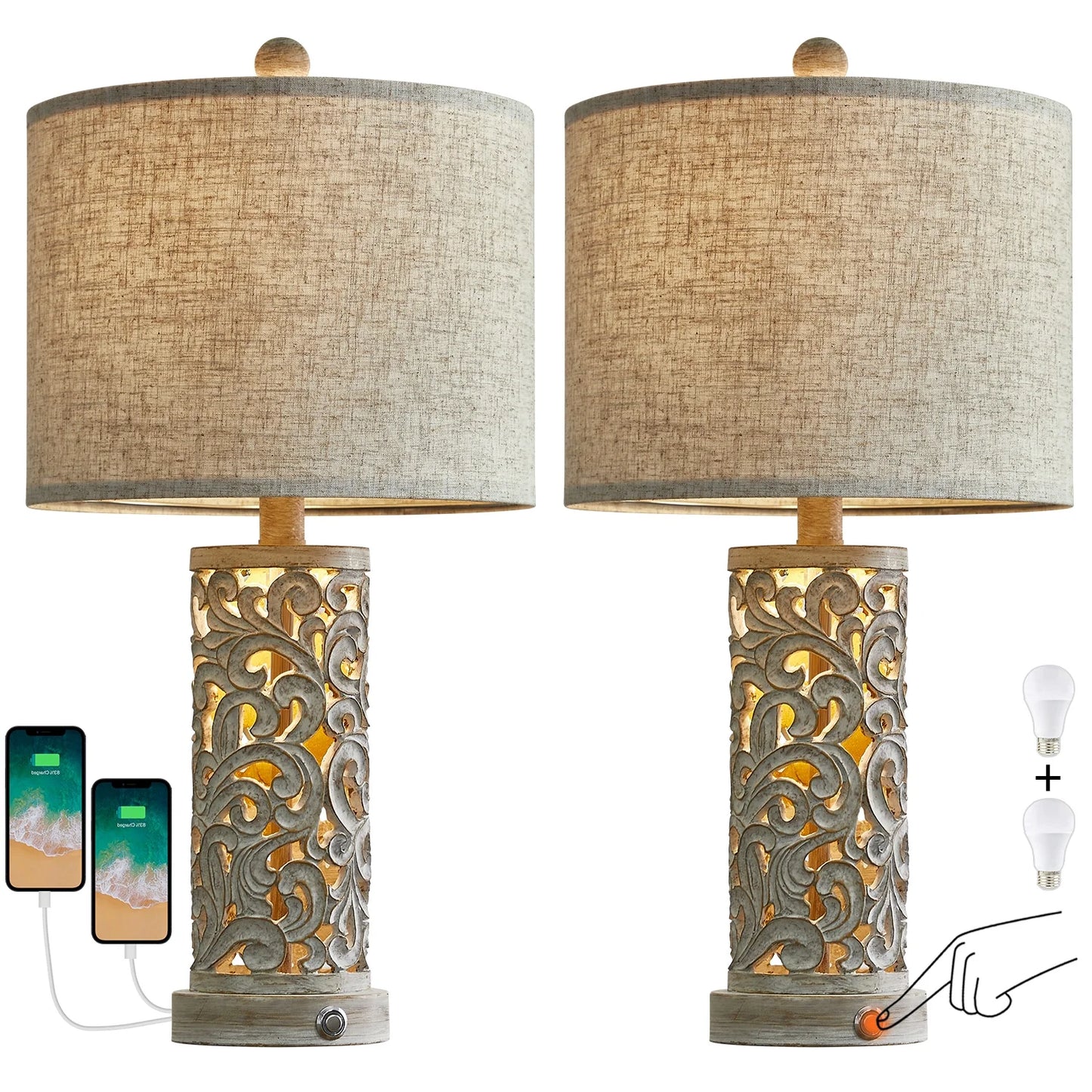 3 Way Dimmable Touch 22" Farmhouse Table Lamps for Living Room Bedroom Set of 2 Retro Bedside Nightstands Lamps with USB Ports(Bulbs Included)