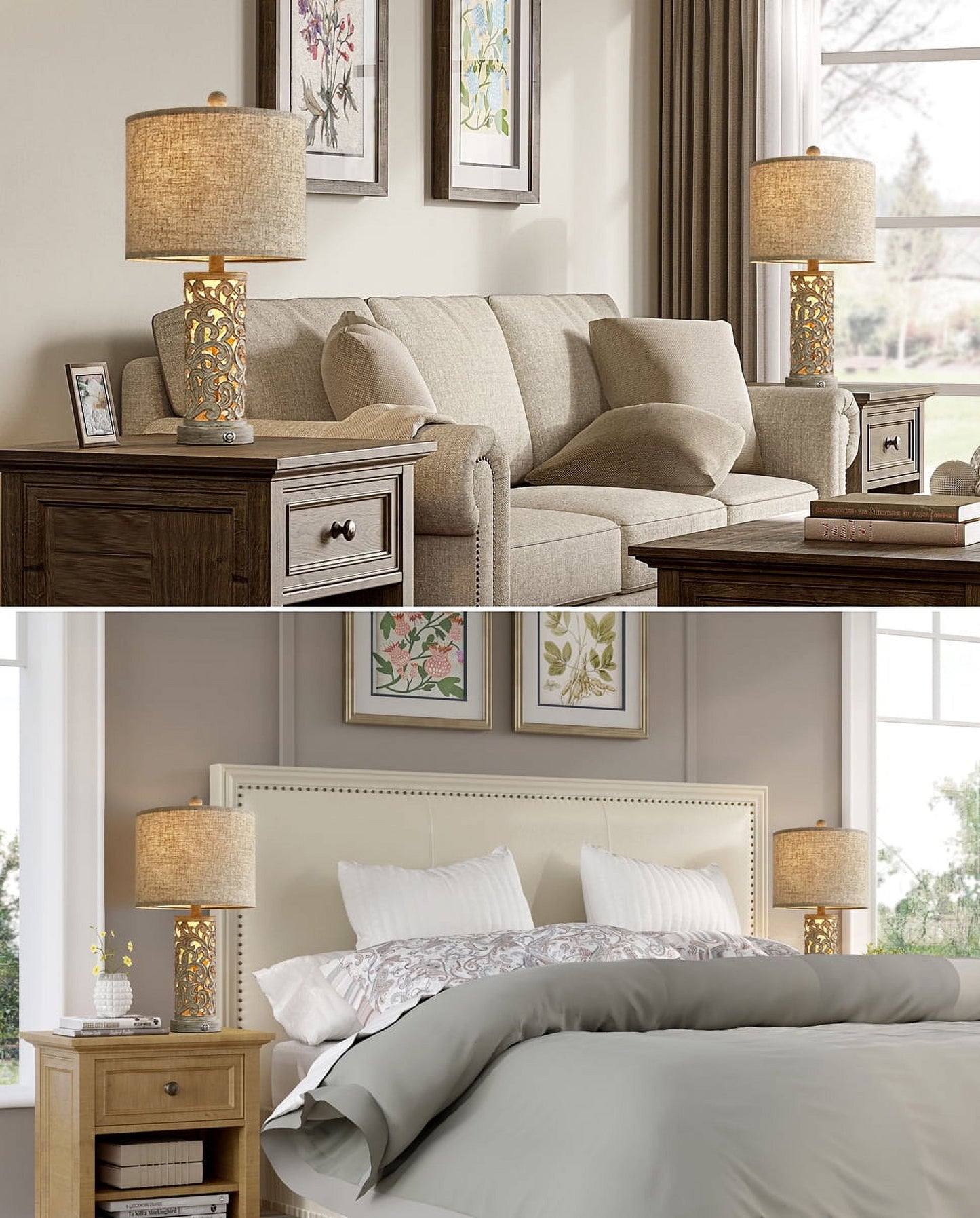 3 Way Dimmable Touch 22" Farmhouse Table Lamps for Living Room Bedroom Set of 2 Retro Bedside Nightstands Lamps with USB Ports(Bulbs Included)