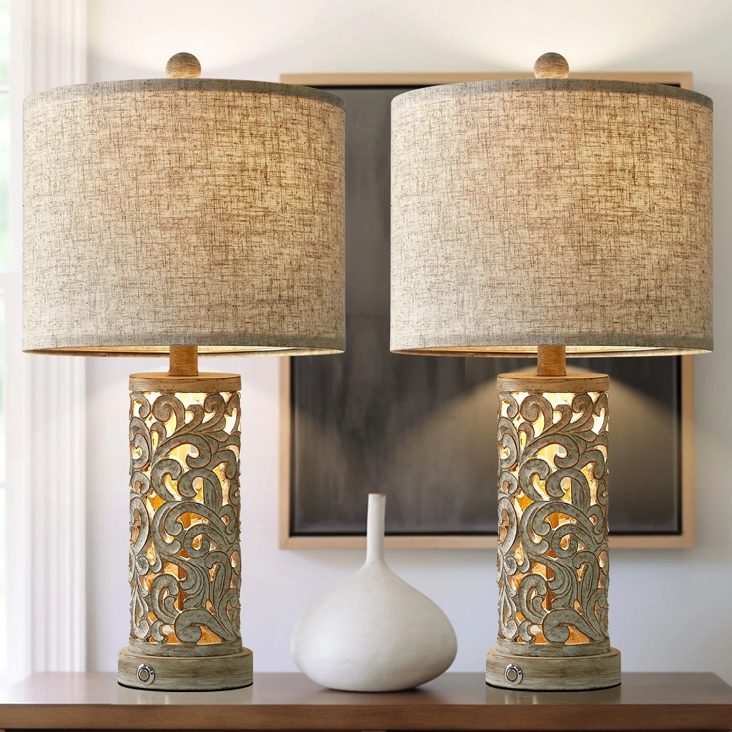 3 Way Dimmable Touch 22" Farmhouse Table Lamps for Living Room Bedroom Set of 2 Retro Bedside Nightstands Lamps with USB Ports(Bulbs Included)