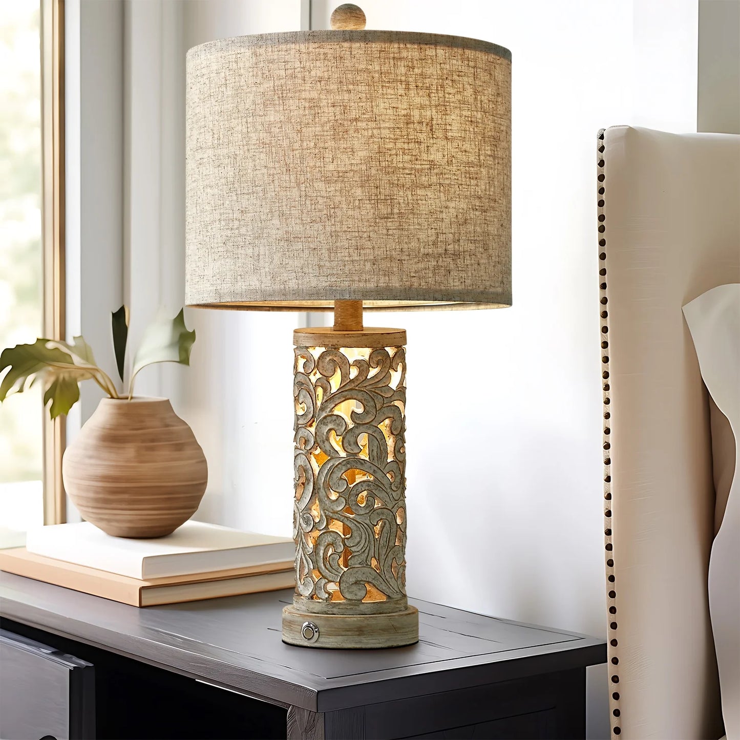 3 Way Dimmable Touch 22" Farmhouse Table Lamps for Living Room Bedroom Set of 2 Retro Bedside Nightstands Lamps with USB Ports(Bulbs Included)